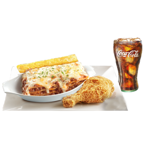 Beef lasagna supreme with chicken and drink
