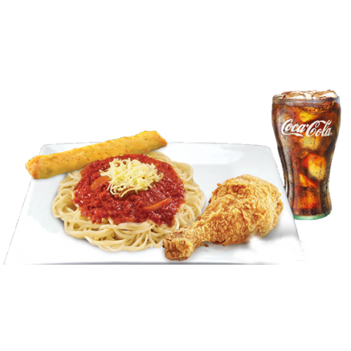Spaghetti Supreme with chicken and drink
